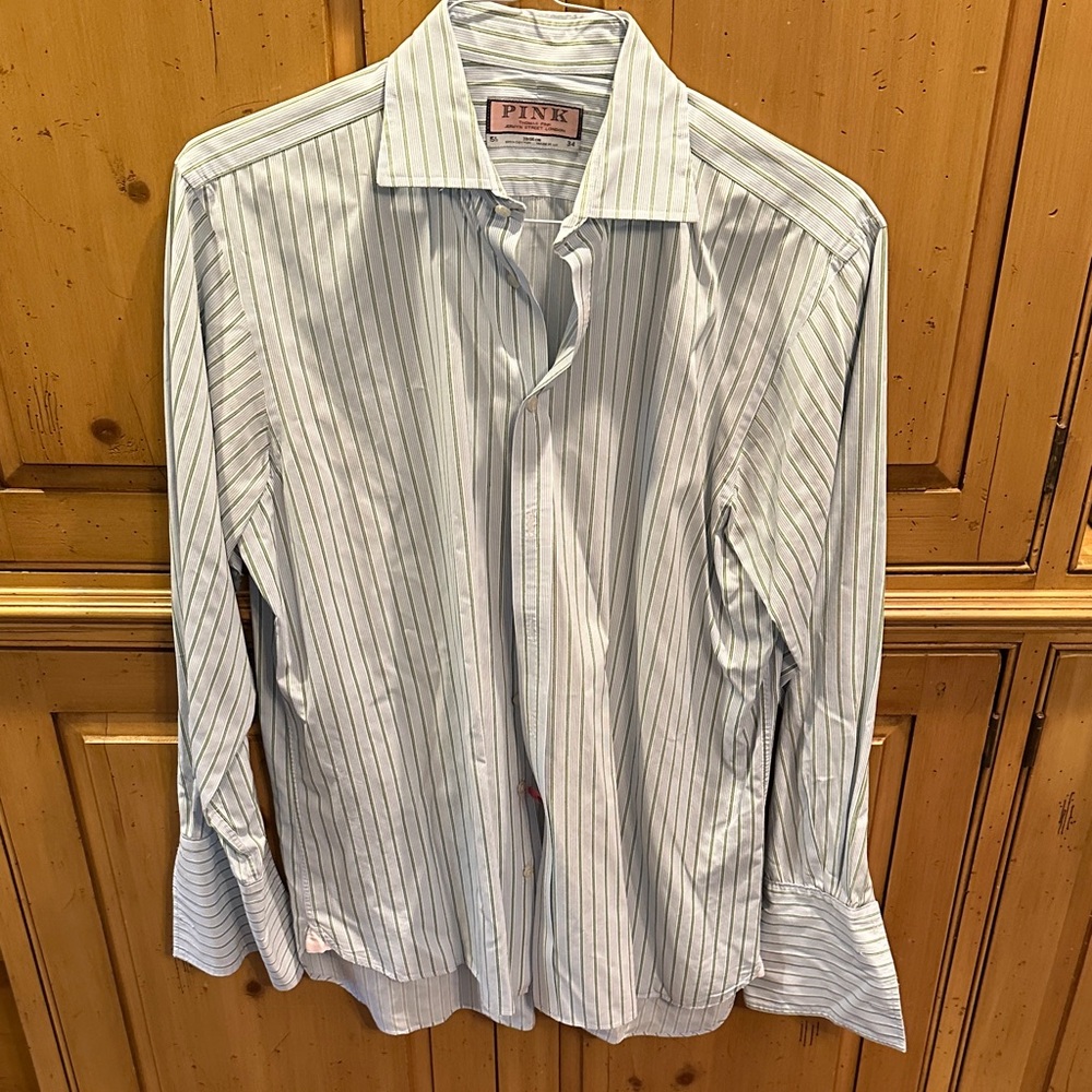 PINK Thomas Pink blue and green striped shirt